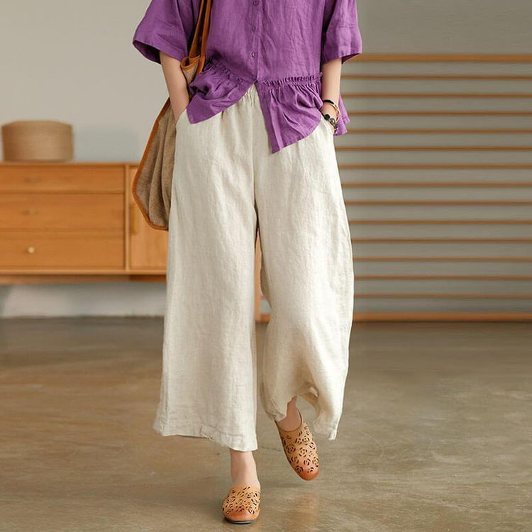 Women Linen Pure Color Straight Wide Leg Pants - Omychic