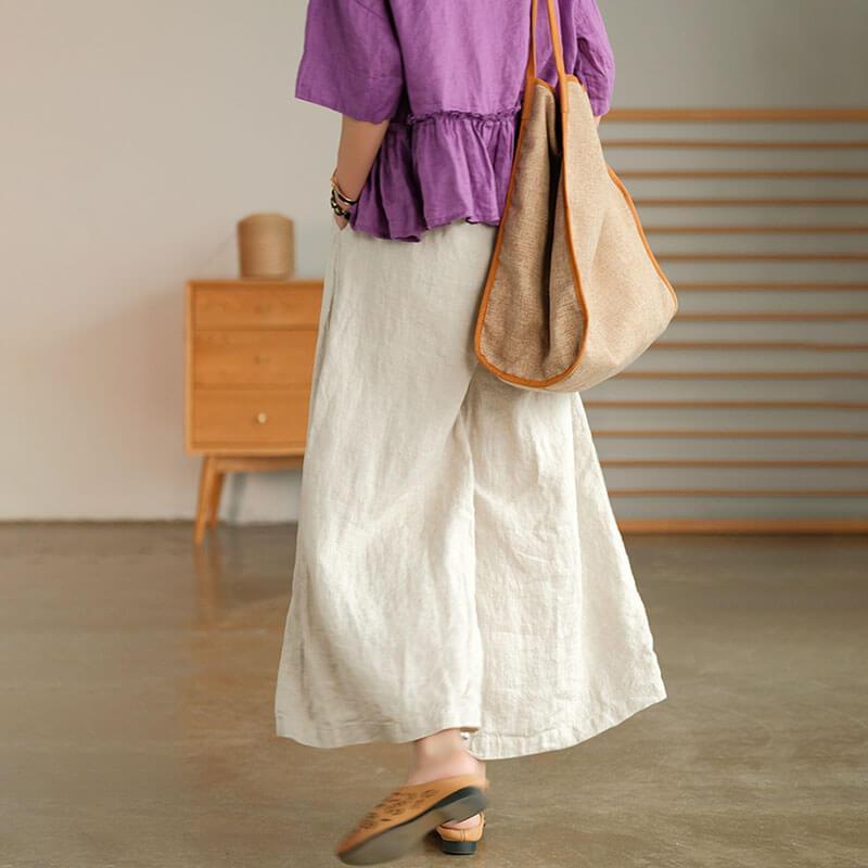 Women Linen Pure Color Straight Wide Leg Pants - Omychic