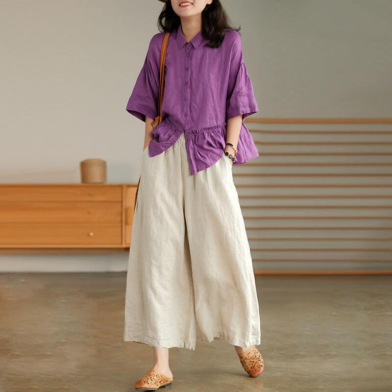 Women Linen Pure Color Straight Wide Leg Pants - Omychic