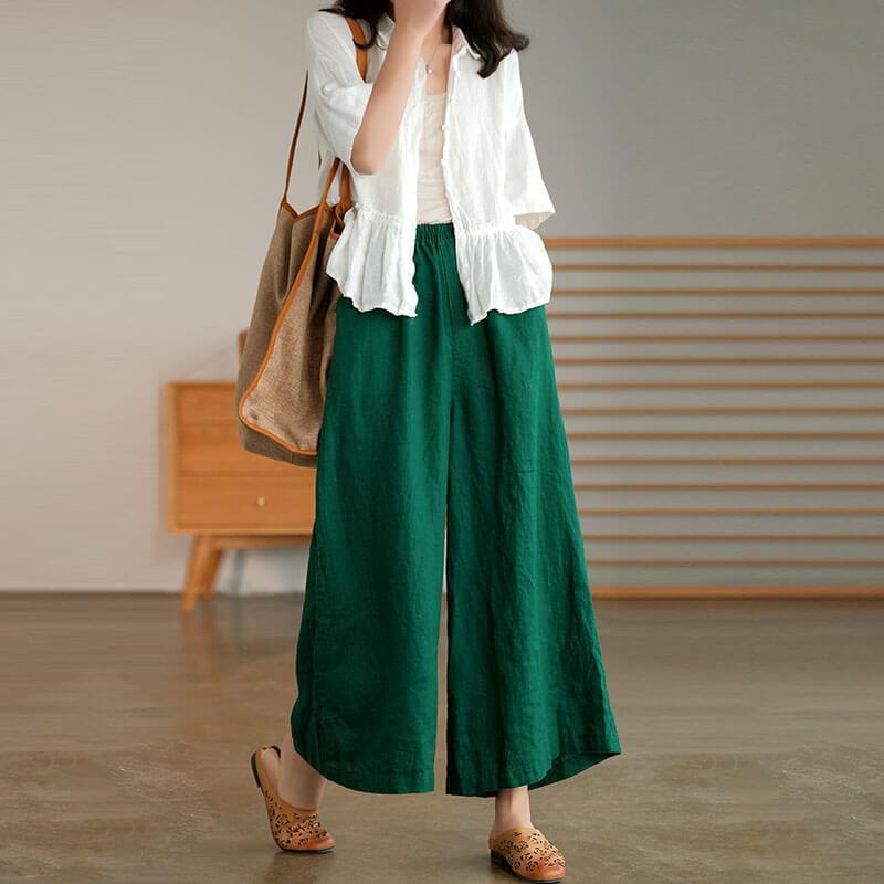 Women Linen Pure Color Straight Wide Leg Pants - Omychic