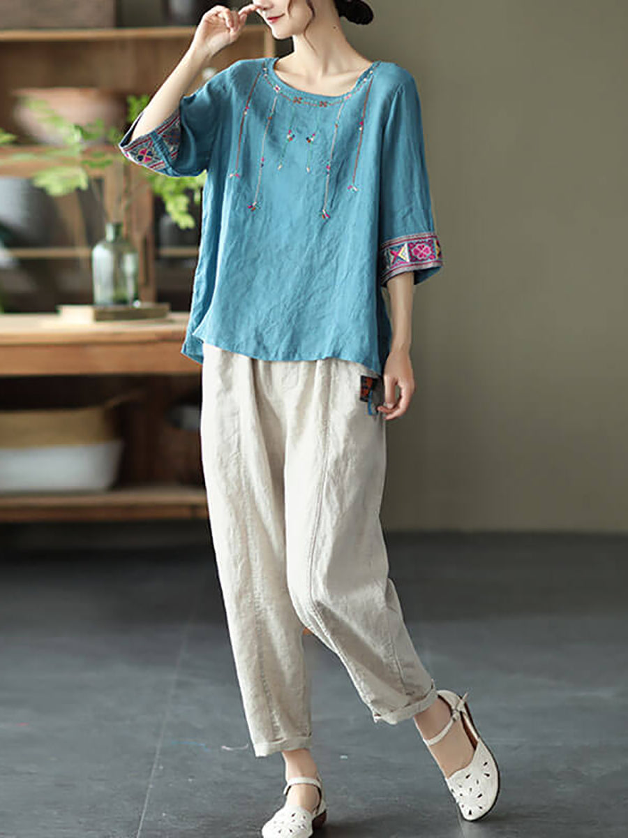 Vintage Women Linen Embroidered T-shirt Half Sleeve