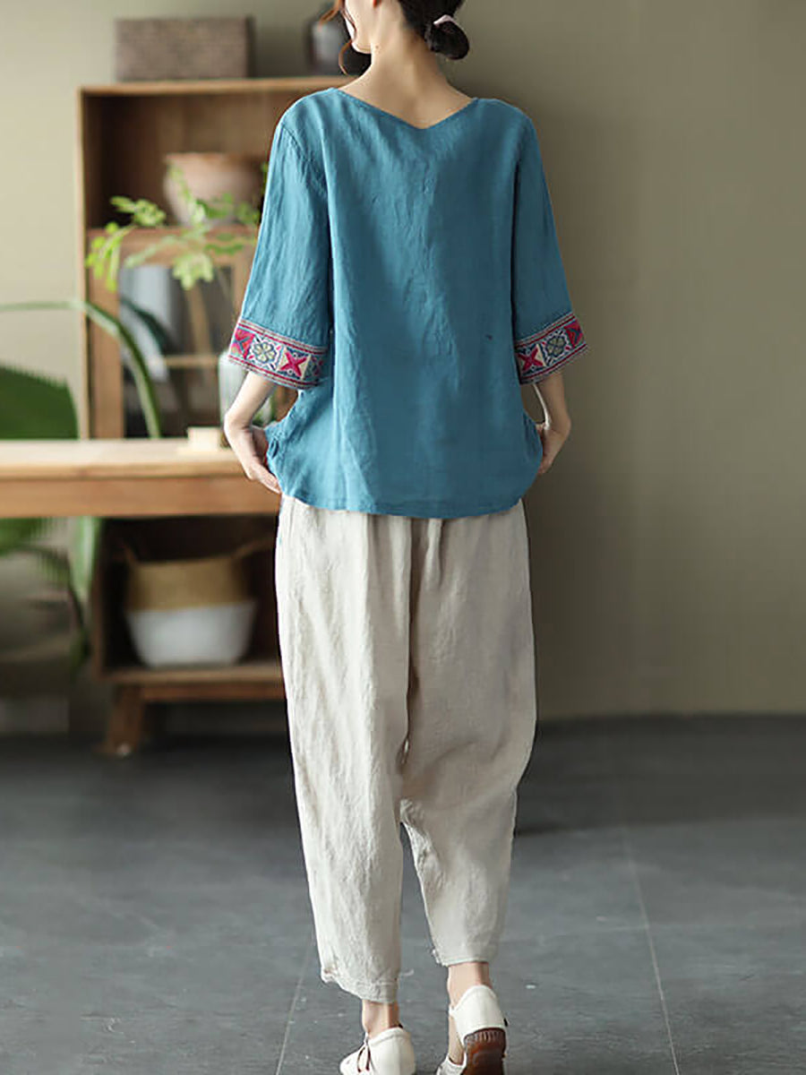 Vintage Women Linen Embroidered T-shirt Half Sleeve