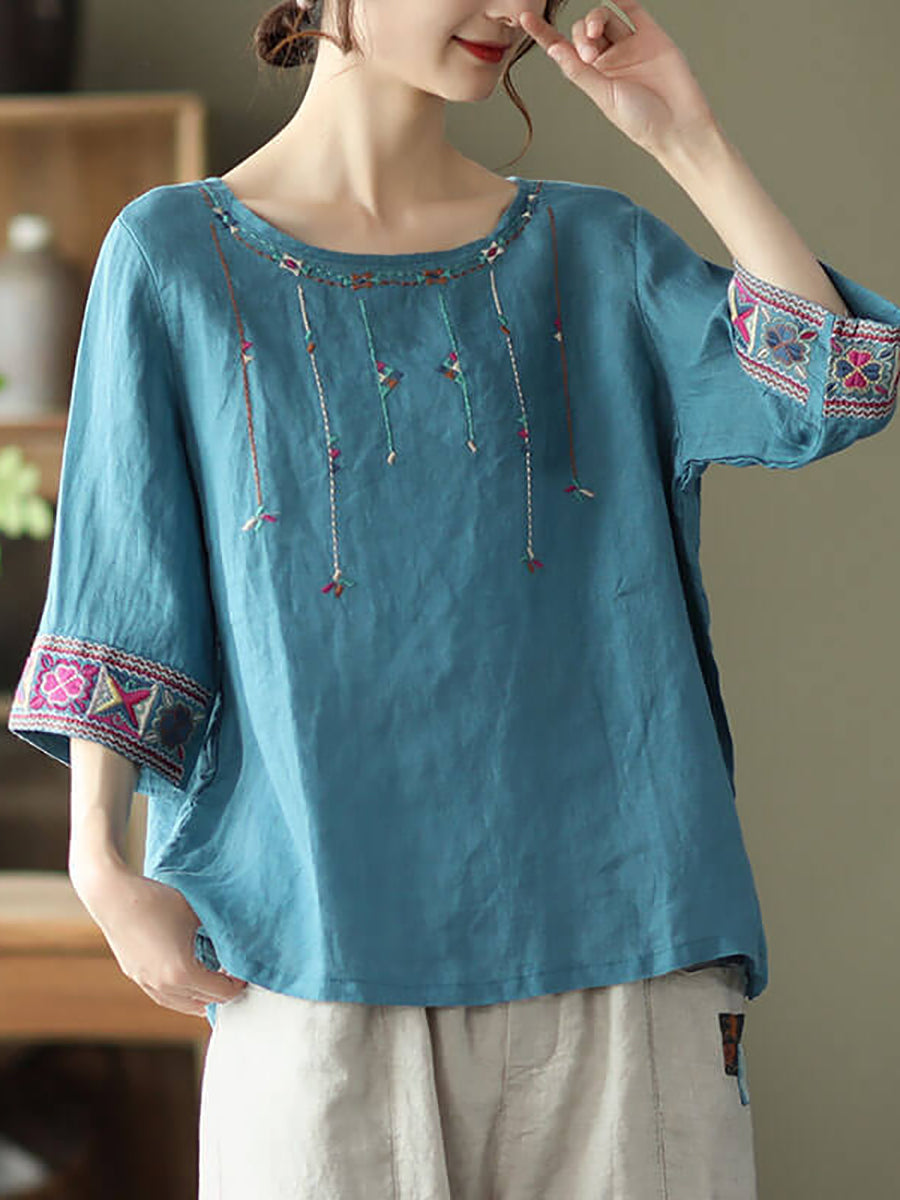 Vintage Women Linen Embroidered T-shirt Half Sleeve
