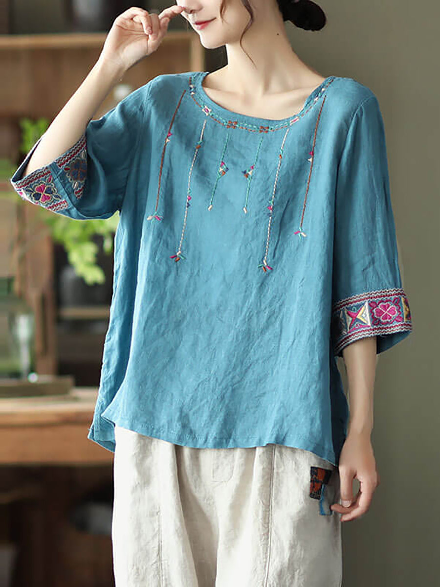 Vintage Women Linen Embroidered T-shirt Half Sleeve