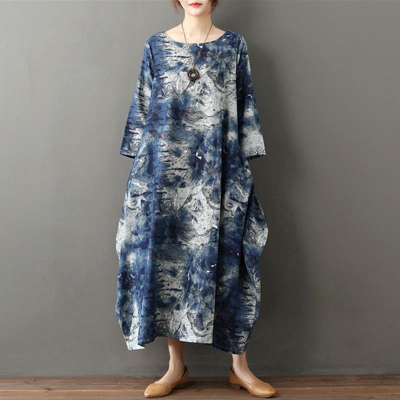 Women O Neck Asymmetric Spring Tunics Work Print Maxi Dress - Omychic