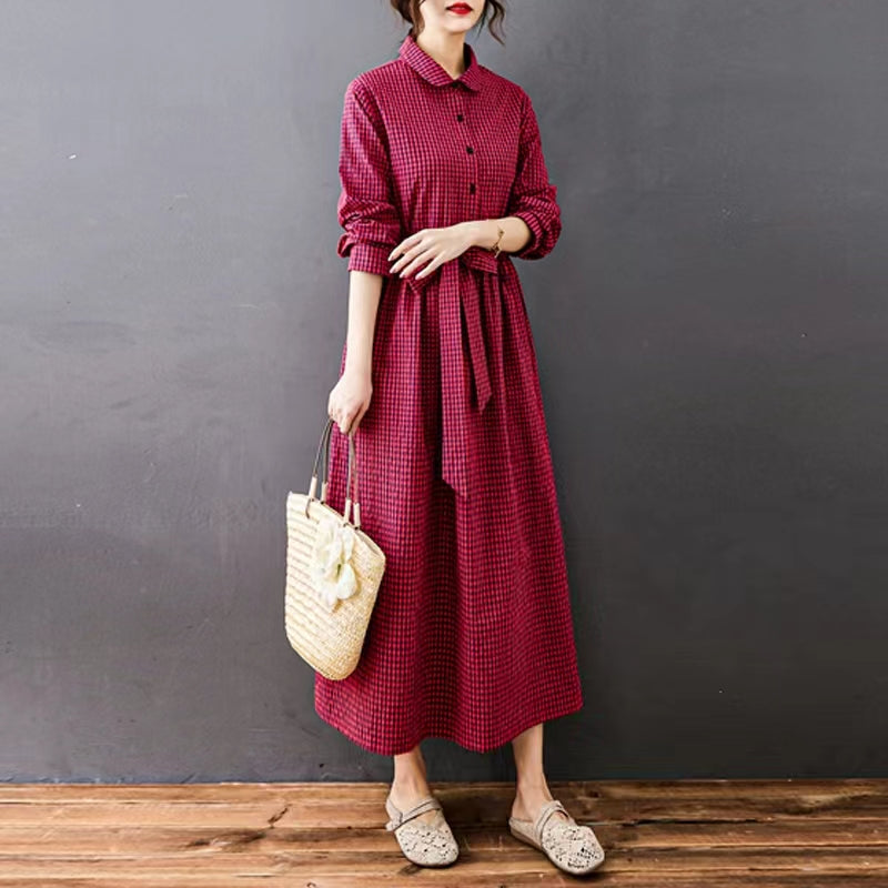 Women O Neck Large Hem Cotton Quilting Clothes Casual Work Outfits Red Plaid Vestidos De Lino Dress