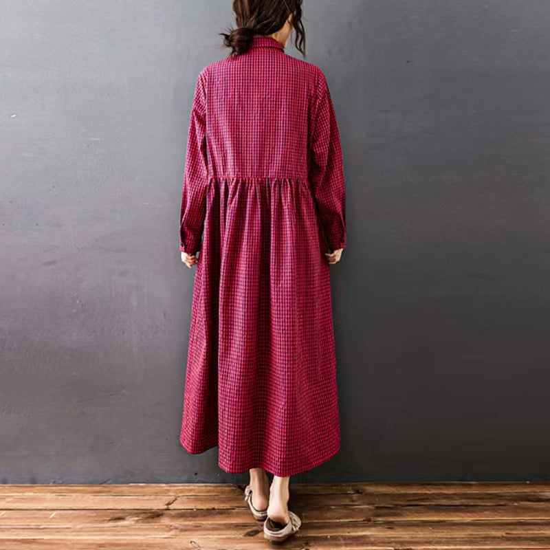 Women O Neck Large Hem Cotton Quilting Clothes Casual Work Outfits Red Plaid Vestidos De Lino Dress