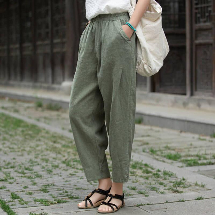 Women Pocket Elastic Waist Split Harem Pants - Omychic