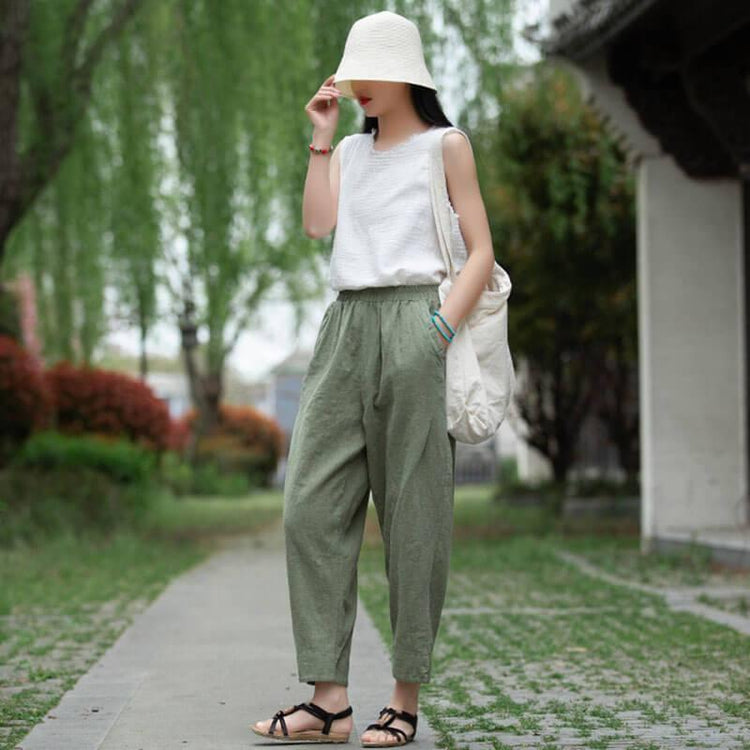 Women Pocket Elastic Waist Split Harem Pants - Omychic