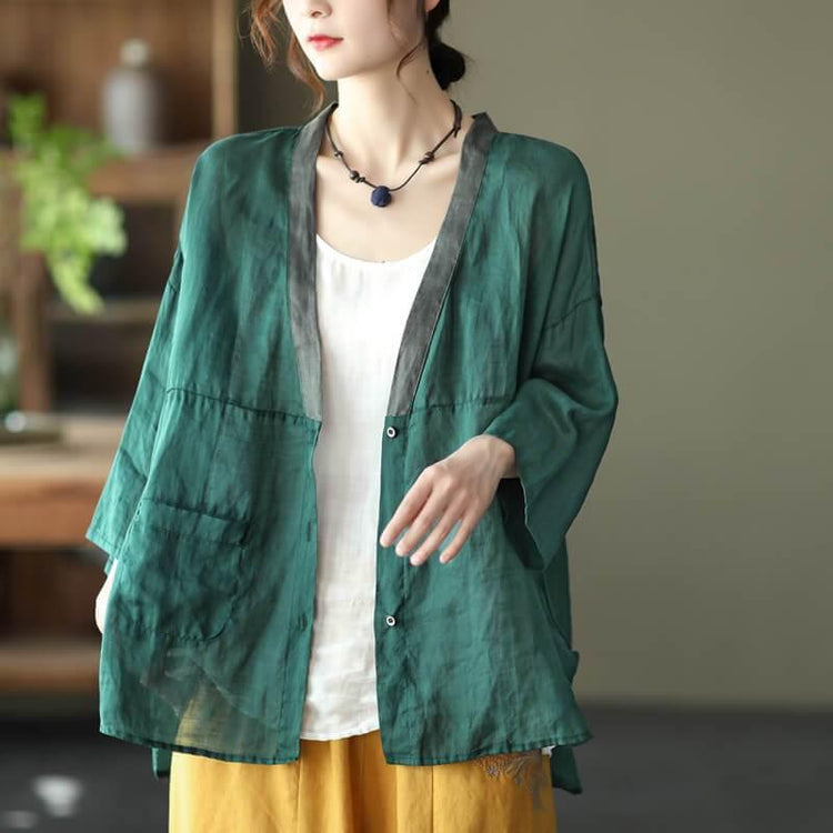 Women Ramie Casual Pocket Sunscreen Asymmetrical Cardigans Top - Omychic