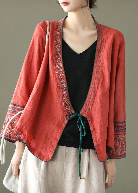 Women Red Embroidered Long sleeve Linen Shirt