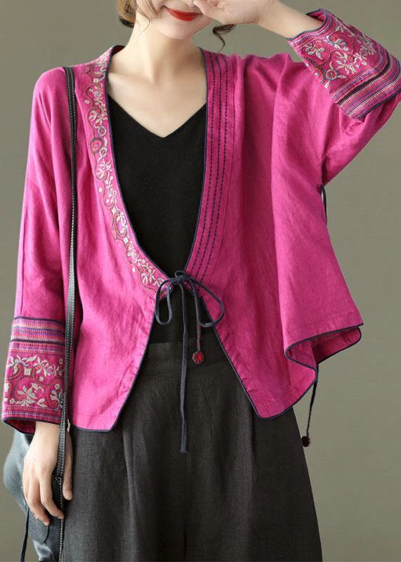 Women Red Embroidered Long sleeve Linen Shirt