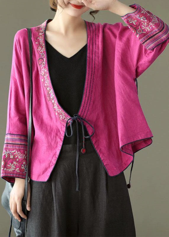 Women Red Embroideried Long sleeve Linen Shirt