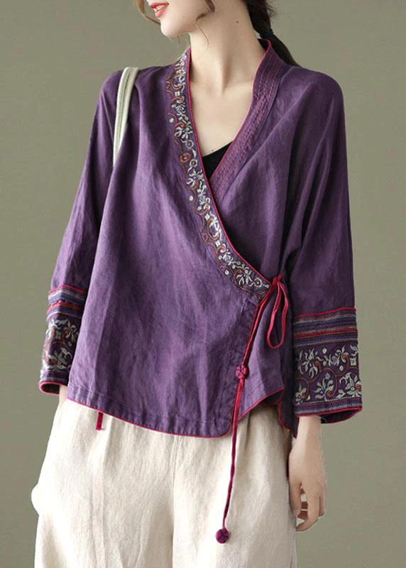 Women Red Embroidered Long sleeve Linen Shirt