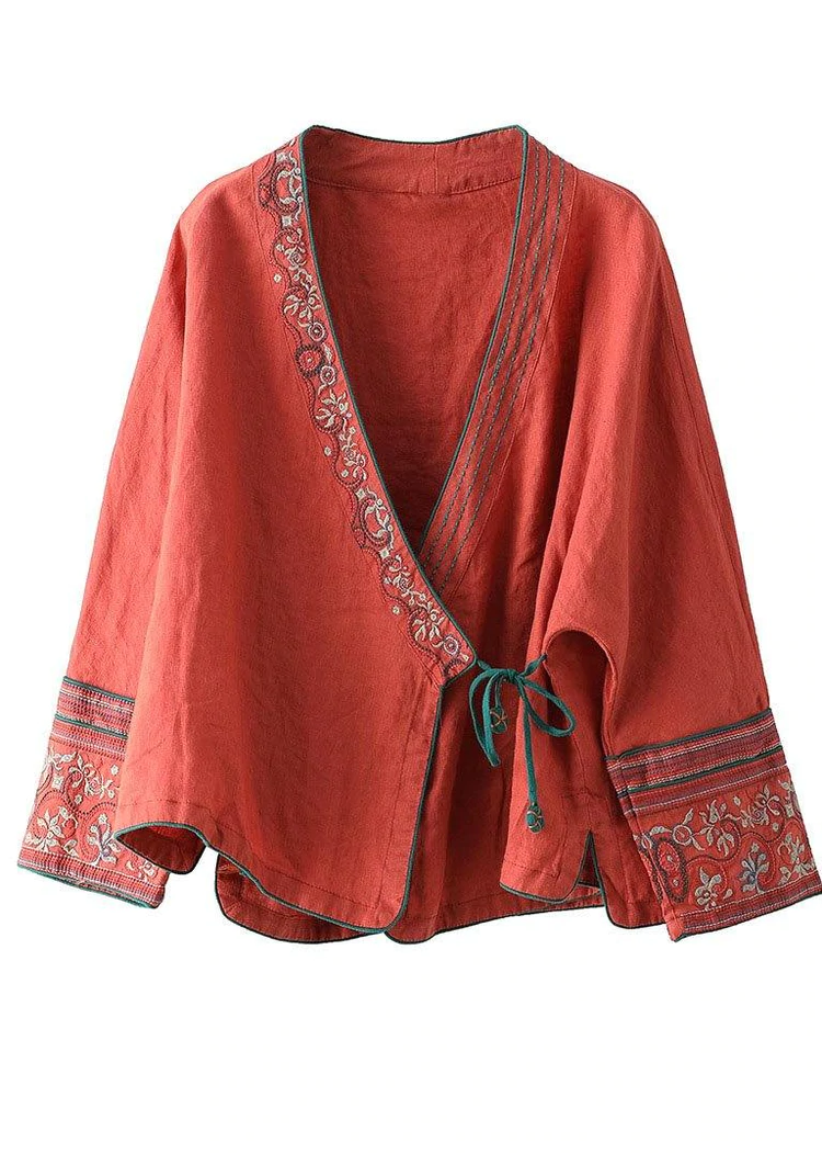 Women Red Embroidered Long sleeve Linen Shirt