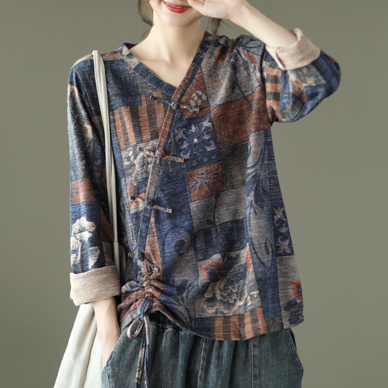 Women Vintage Drawstring Floral Print Cotton Blouse - Omychic