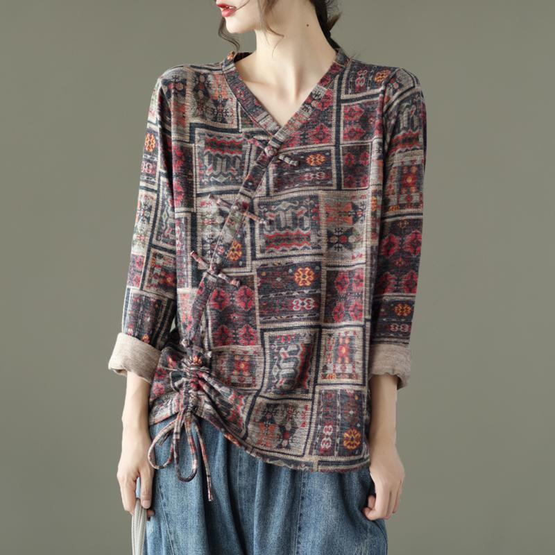 Women Vintage Drawstring Floral Print Cotton Blouse - Omychic