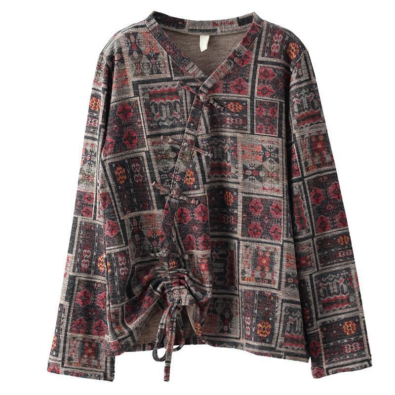 Women Vintage Drawstring Floral Print Cotton Blouse - Omychic