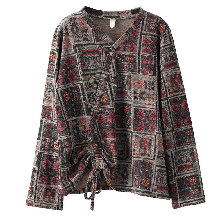 Women Vintage Drawstring Floral Print Cotton Blouse - Omychic
