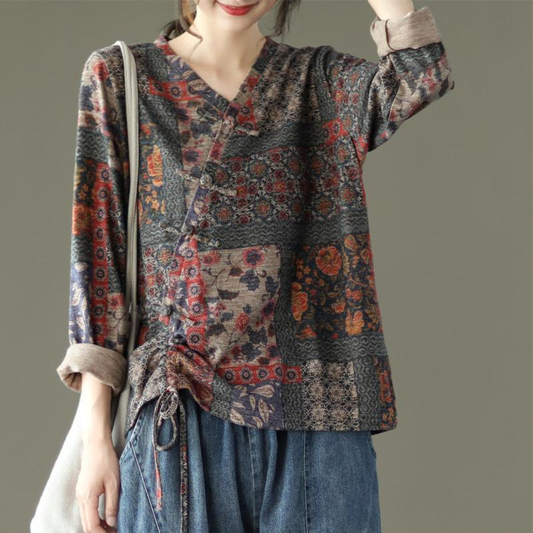 Women Vintage Drawstring Floral Print Cotton Blouse - Omychic