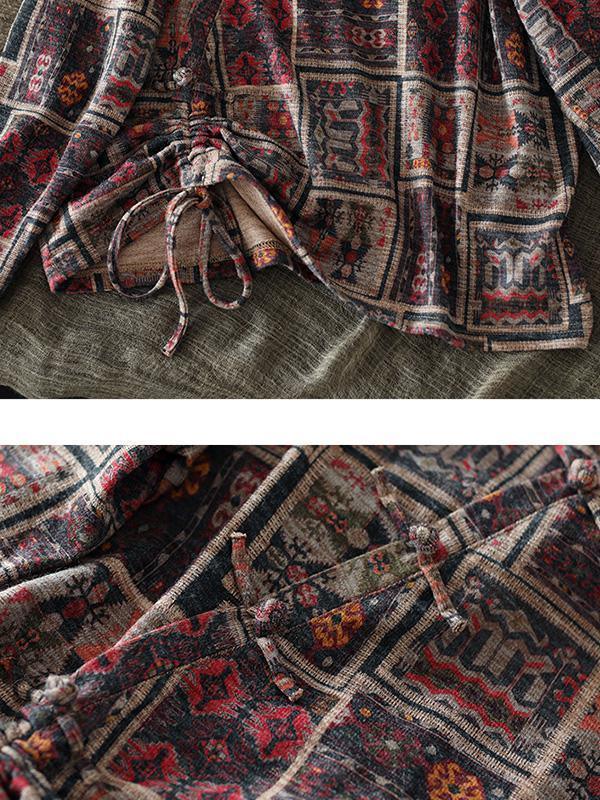 Women Vintage Drawstring Floral Print Cotton Blouse - Omychic