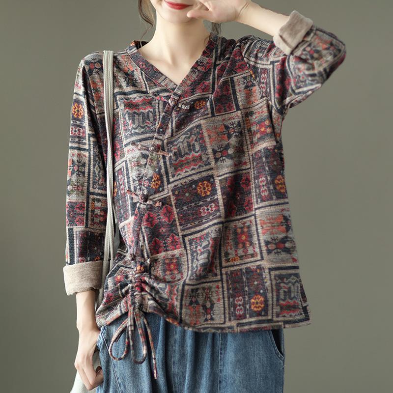 Women Vintage Drawstring Floral Print Cotton Blouse - Omychic