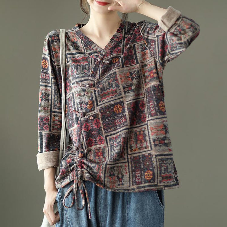 Women Vintage Drawstring Floral Print Cotton Blouse - Omychic