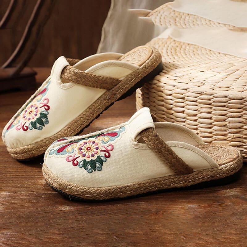 Women Retro Embroidered Floral Shoes flip flop - Omychic