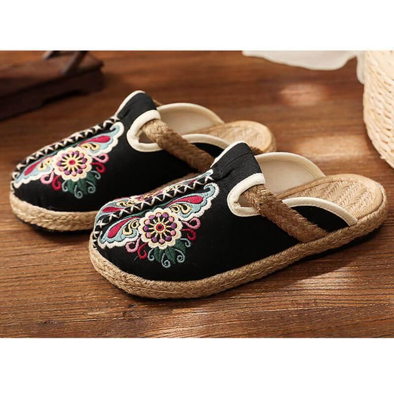 Women Retro Embroidered Floral Shoes flip flop - Omychic