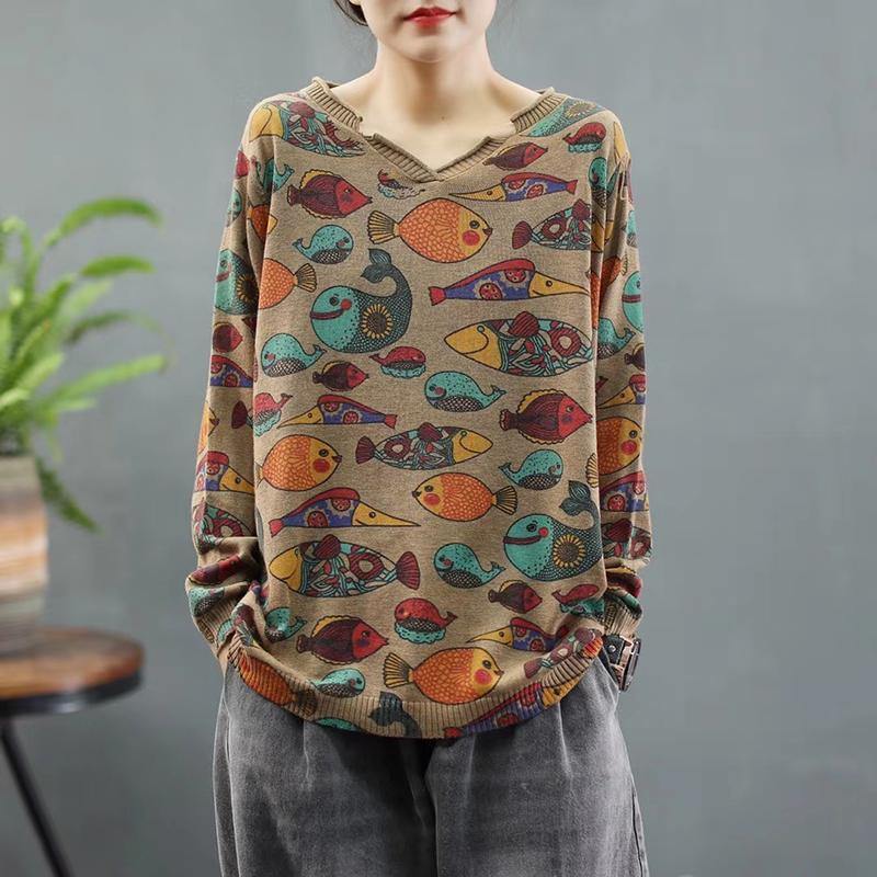 Cozy Retro Fish Print Knit Sweater Top - Omychic