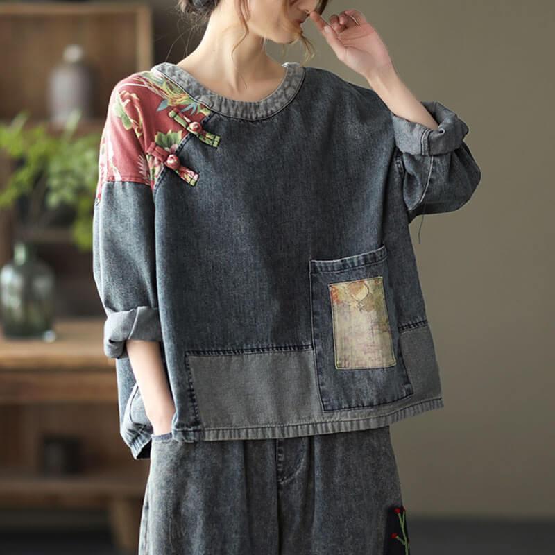 Women Oversize Patchwork Denim Sweatshirt Top - Omychic