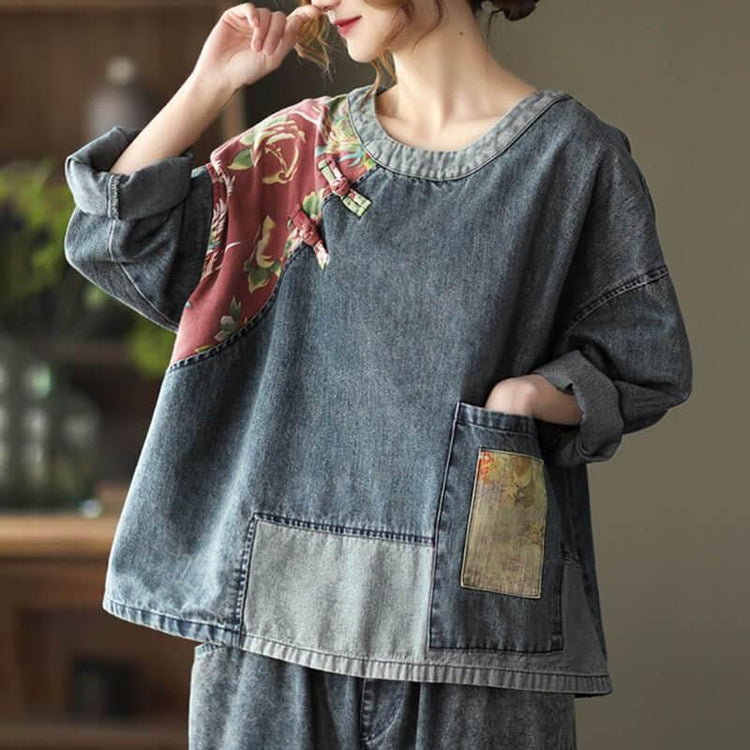 Women Oversize Patchwork Denim Sweatshirt Top - Omychic