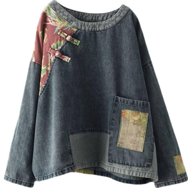 Women Oversize Patchwork Denim Sweatshirt Top - Omychic