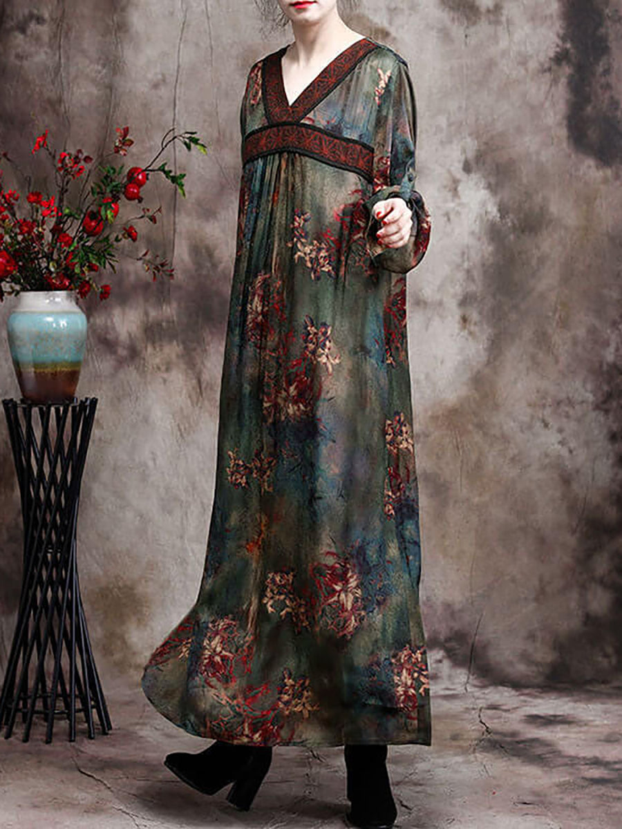 Summer Women Retro Rayon Flower Maxi Dress