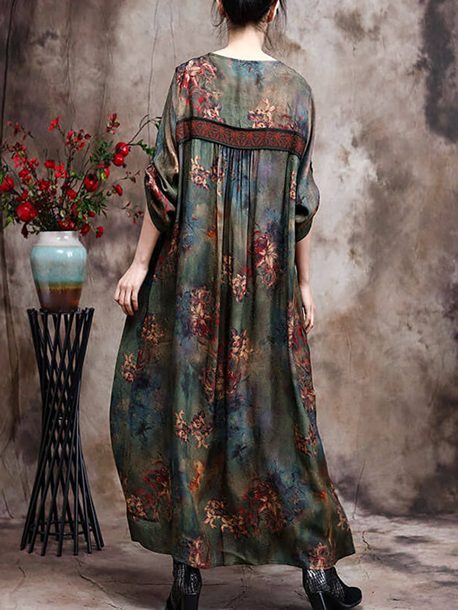 Summer Women Retro Rayon Flower Maxi Dress