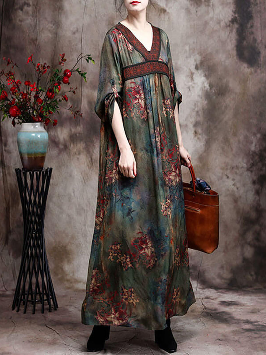 Summer Women Retro Rayon Flower Maxi Dress