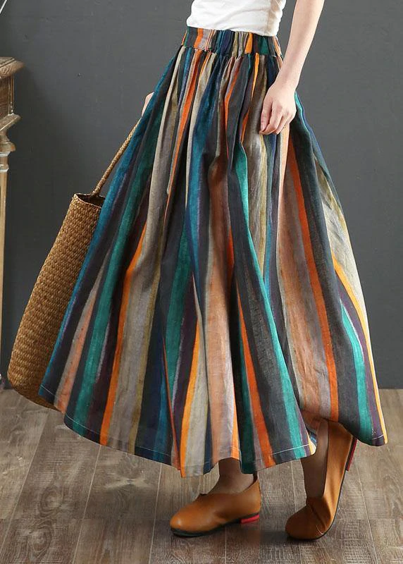 Women Striped A Line Retro Print Linen Skirts