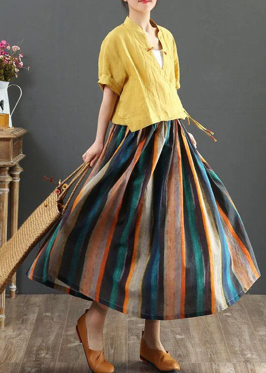 Women Striped A Line Retro Print Linen Skirts