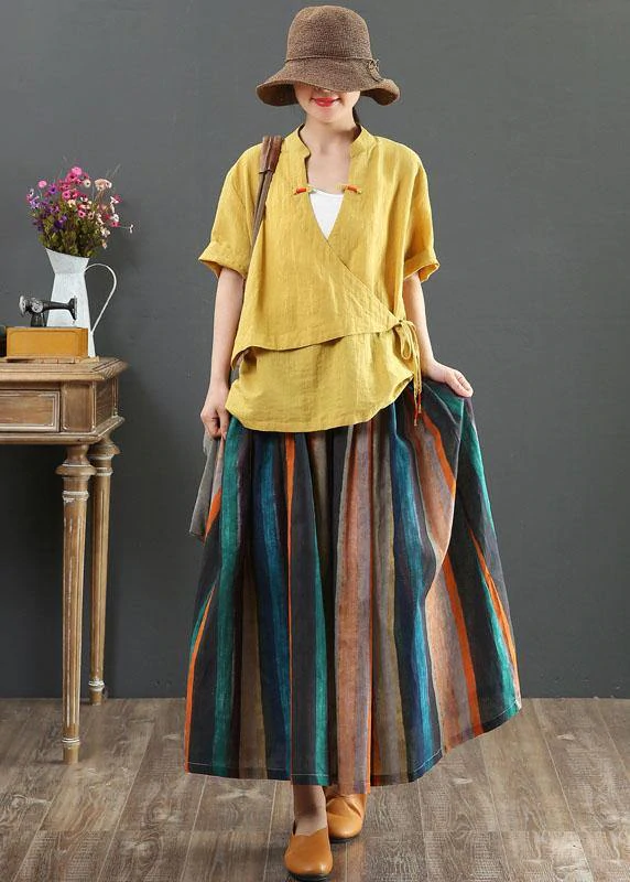 Women Striped A Line Retro Print Linen Skirts