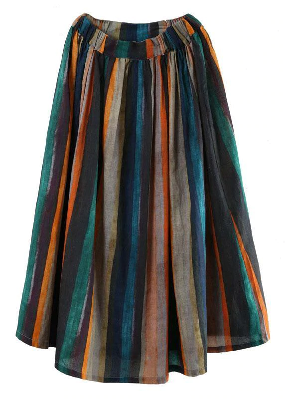 Women Striped A Line Retro Print Linen Skirts