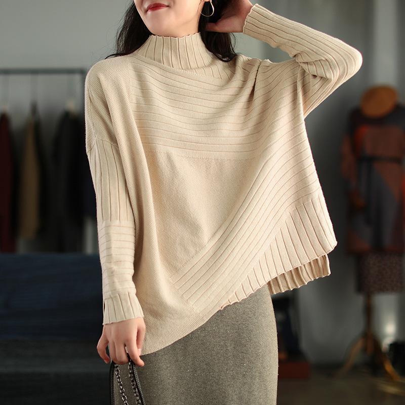 Elegant Turtleneck Stripe Solid Knit Sweater Top - Omychic