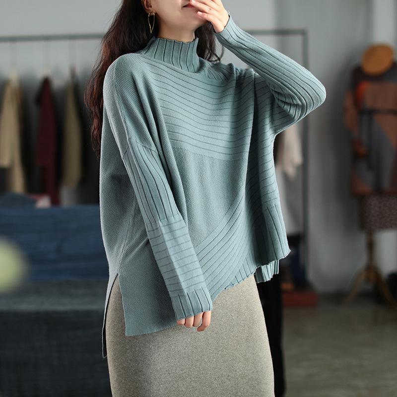 Elegant Turtleneck Stripe Solid Knit Sweater Top - Omychic