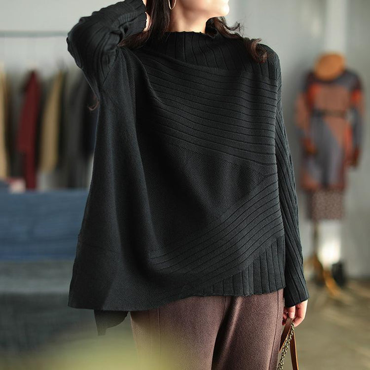 Elegant Turtleneck Stripe Solid Knit Sweater Top - Omychic