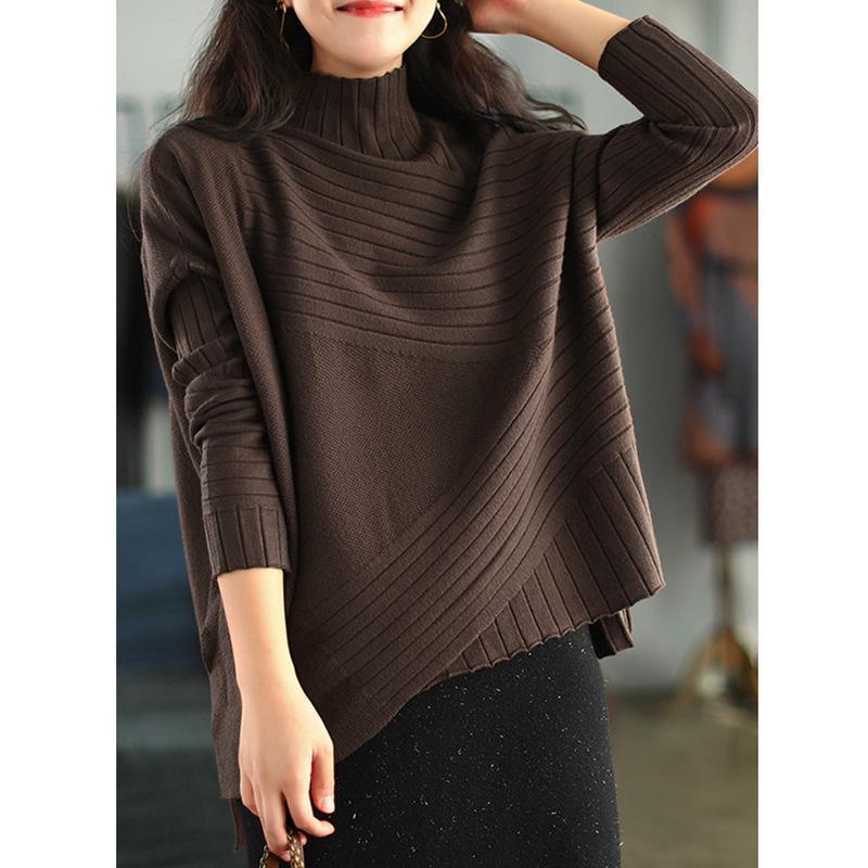 Elegant Turtleneck Stripe Solid Knit Sweater Top - Omychic