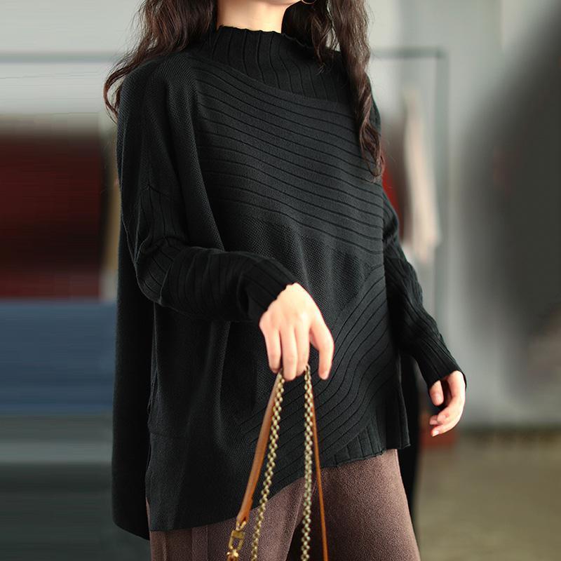 Elegant Turtleneck Stripe Solid Knit Sweater Top - Omychic