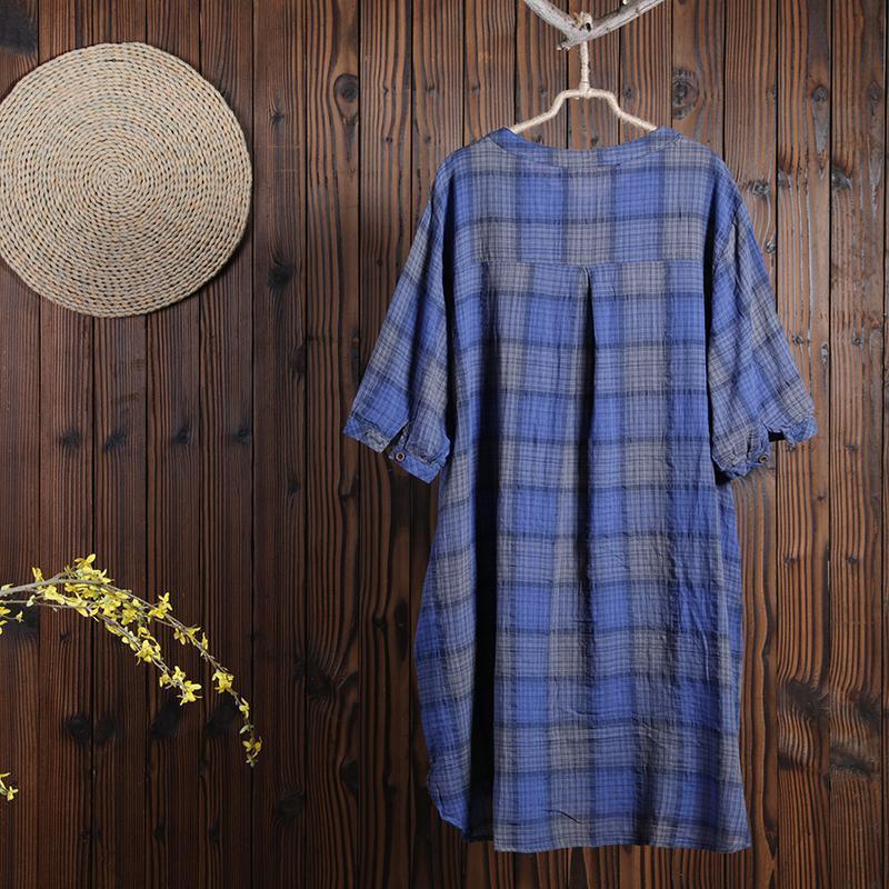 Women Cotton Linen Dress Casual Plaid Dress ( Limited Stock) - Omychic