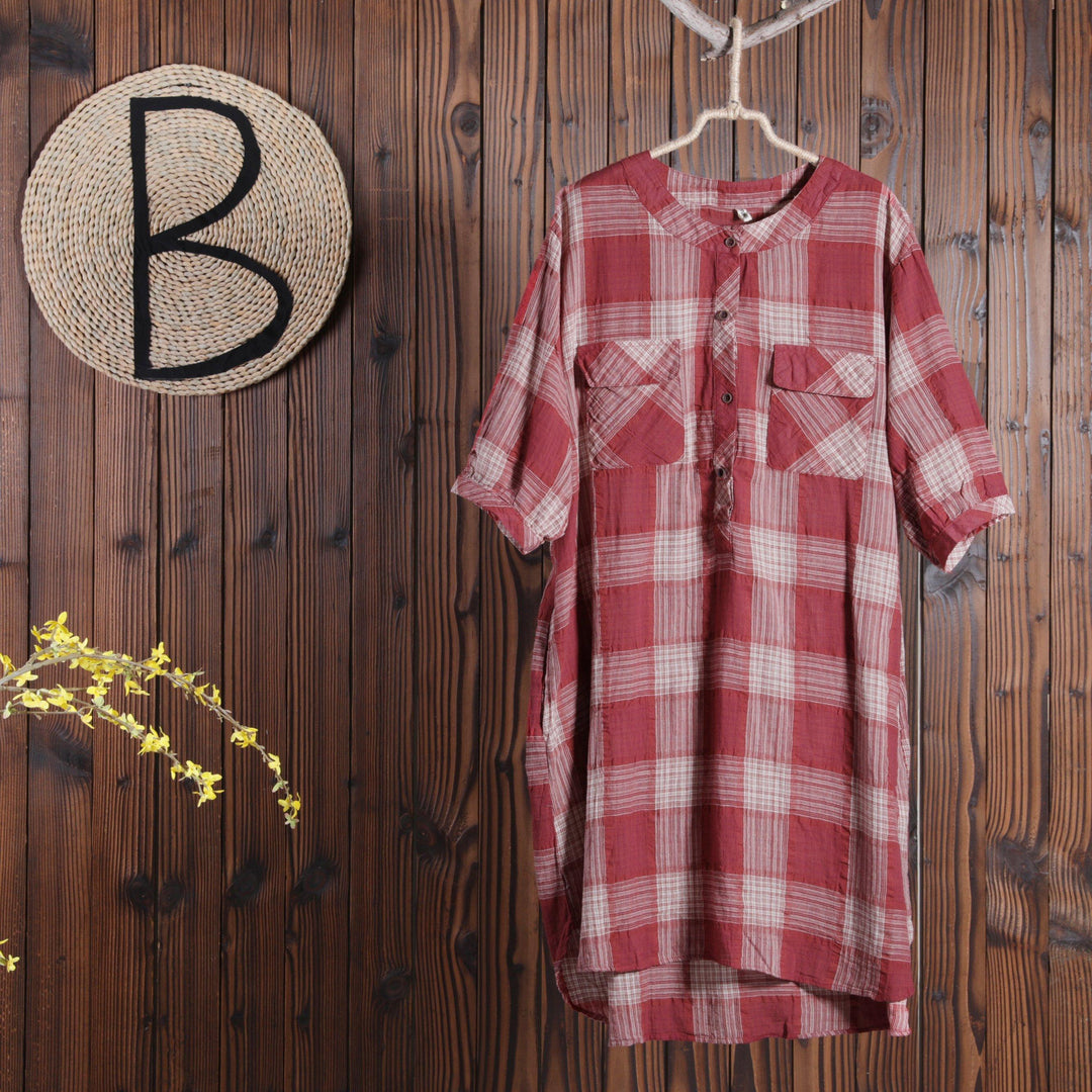 Women Cotton Linen Dress Casual Plaid Dress ( Limited Stock) - Omychic