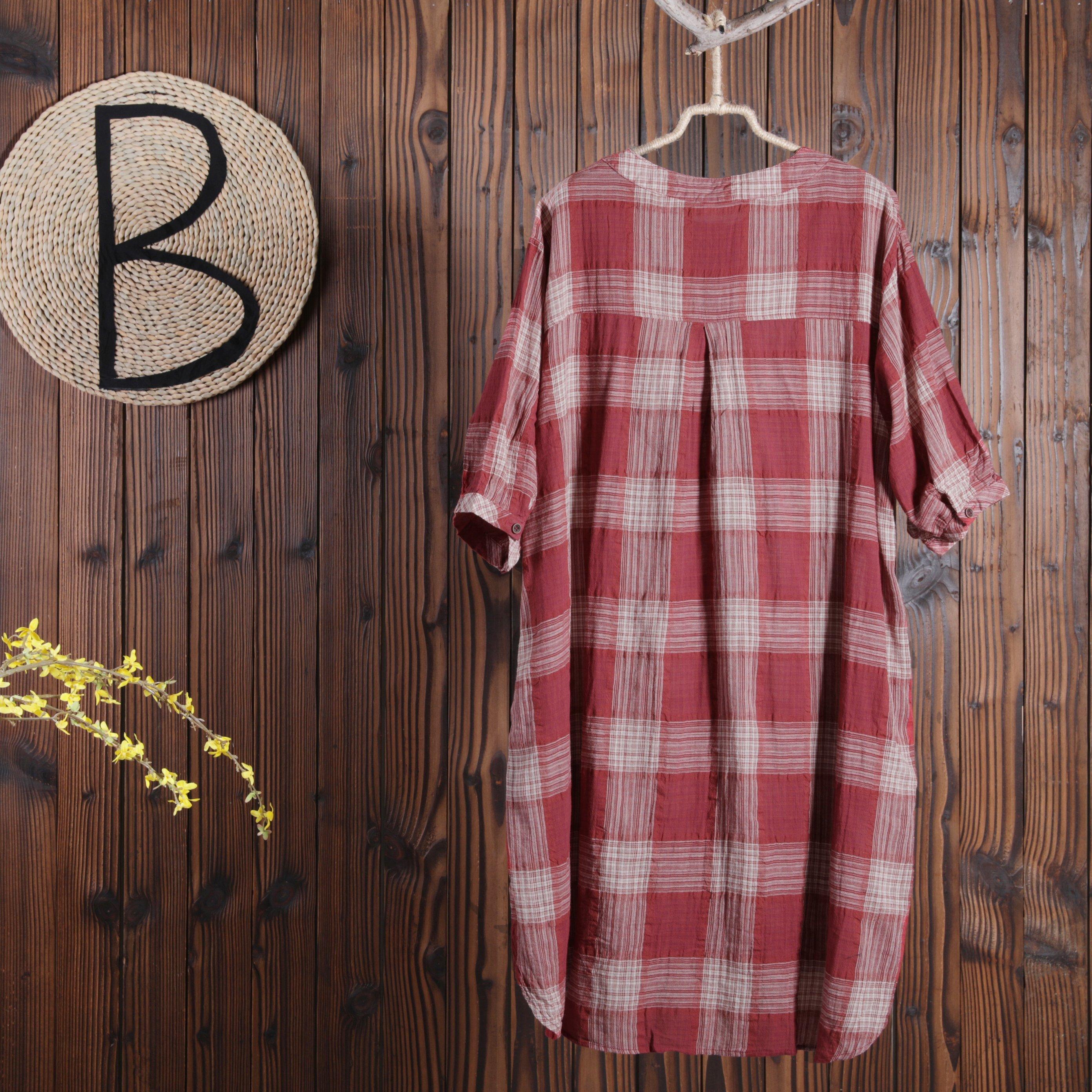 Women Cotton Linen Dress Casual Plaid Dress ( Limited Stock) - Omychic