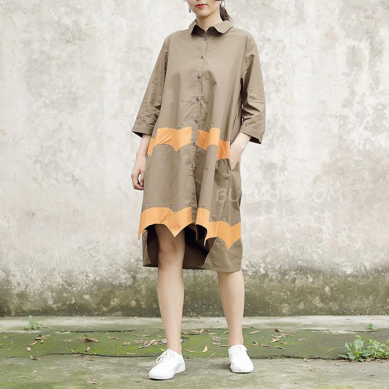 Women Vintage Casual Splicing Summer Irregular Coffee Shirt Dress - Omychic