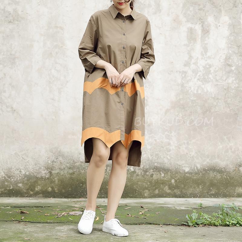 Women Vintage Casual Splicing Summer Irregular Coffee Shirt Dress - Omychic